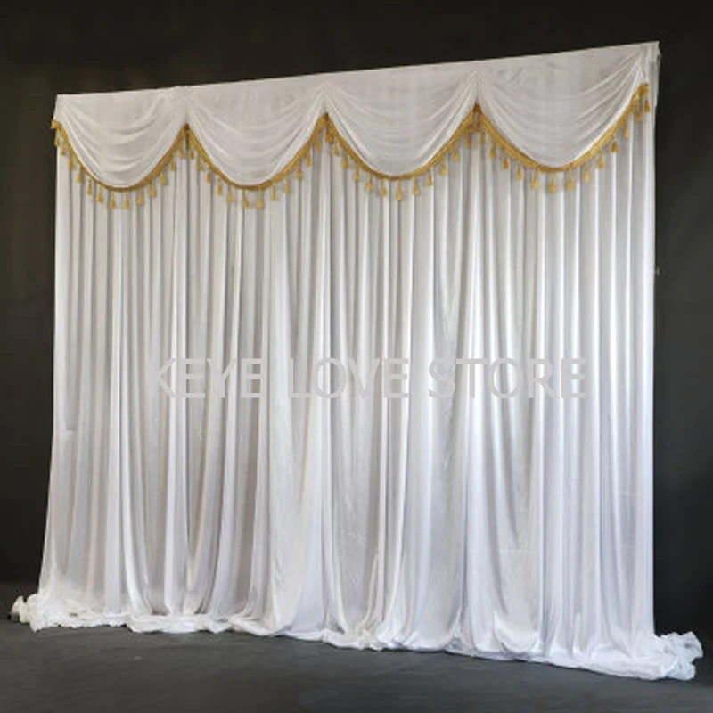 

10X10FT White Backdrop Curtain With Tassel Swags Seamless Backcloths Wedding Stage Background Event Party Church Decoration