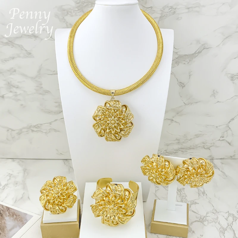 

Преувеличенный смелый кулон, массивное колье, 18-каратное позолоченное ювелирное изделие, комплект ожерелья, серьги, браслет, кольцо, подарки для свадебной вечеринки