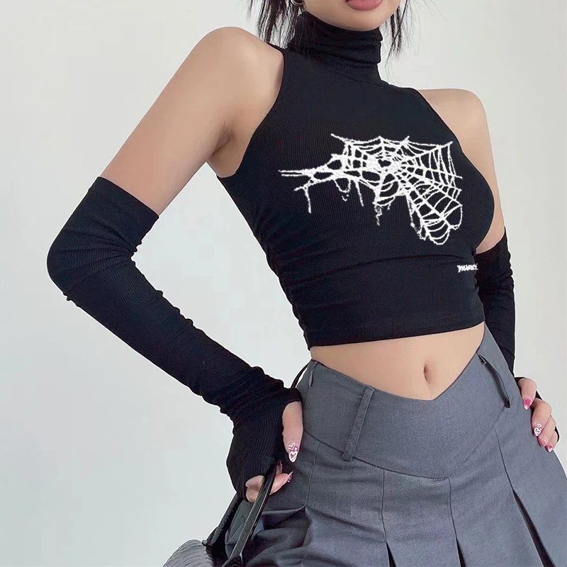 Gothic Spider Print Tank Top für Frauen Sommer Y2k Tops Schwarz Oversleeve Sexy Rollkragen Dünne Kurze Dünne Streetwear Crop Top