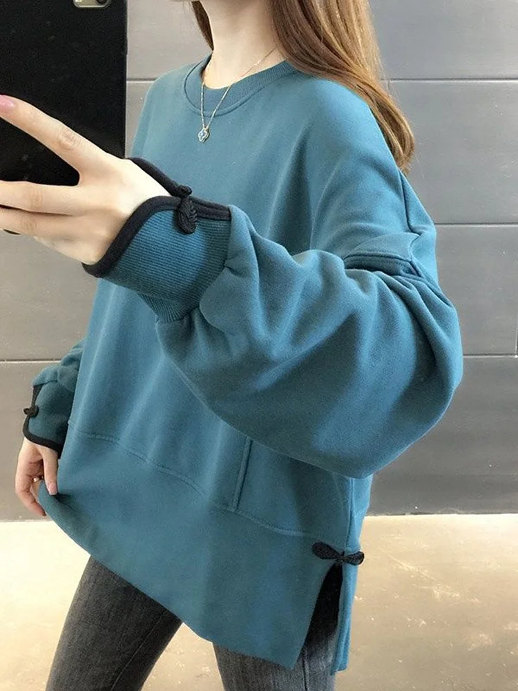 Autumn New Fashion Solid Color Loose Sweatshirts Classic Long Sleeve Personality Split Fork All-match O-collar Lady Top 2022