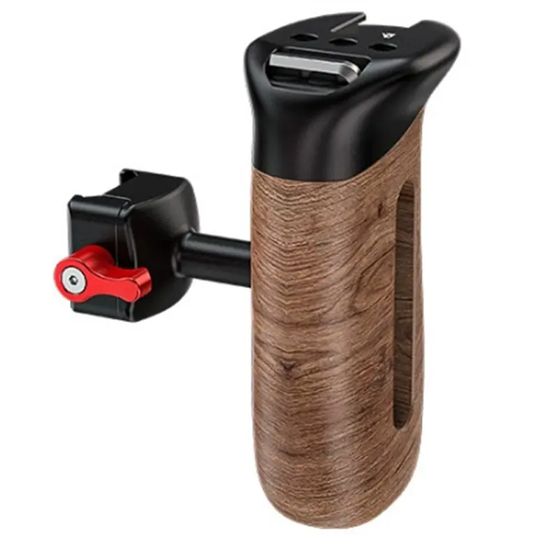 

Универсальная быстросъемная боковая рукоятка AS95 с деревянной ручкой, отверстиями под резьбу 1/4 дюйма и креплением Cold Shoe для DSLR-камер и камер-кейджей