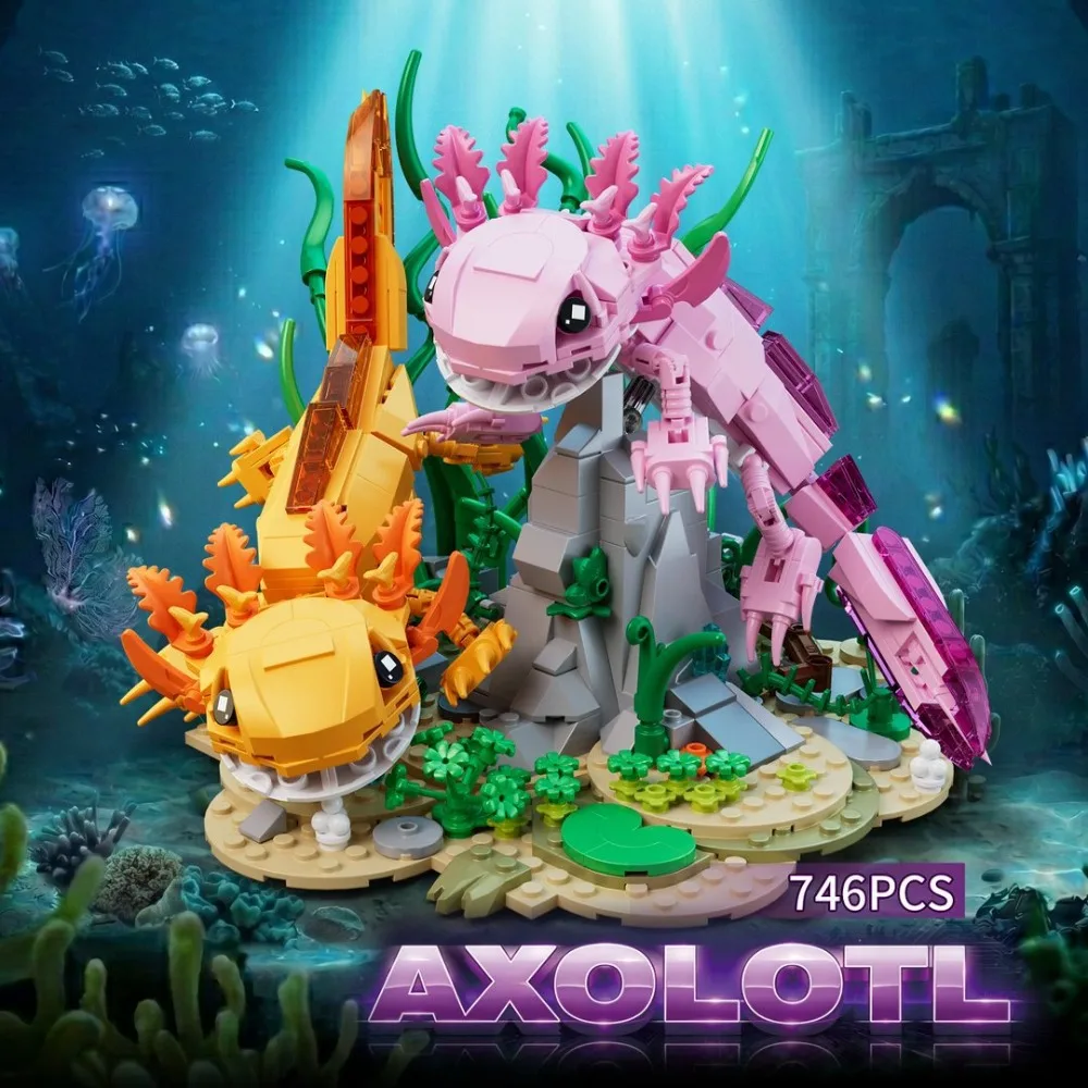 746PCS Axolotl Building Blocks Dual Amphibian Salamander Animal Model With Scene Base DIY Assembly Bricks Toy Gift for Teens