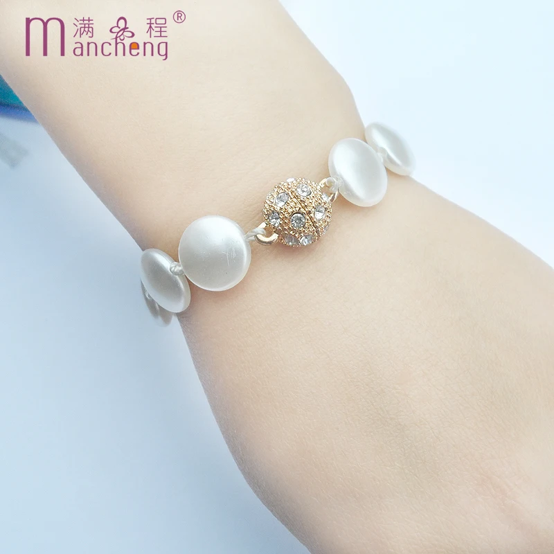 official-website tiki Hidden Magnet Clasp Flat Disc Rope Chain White Oval Pearl Beads Bracelet Wedding Jewelry For Women