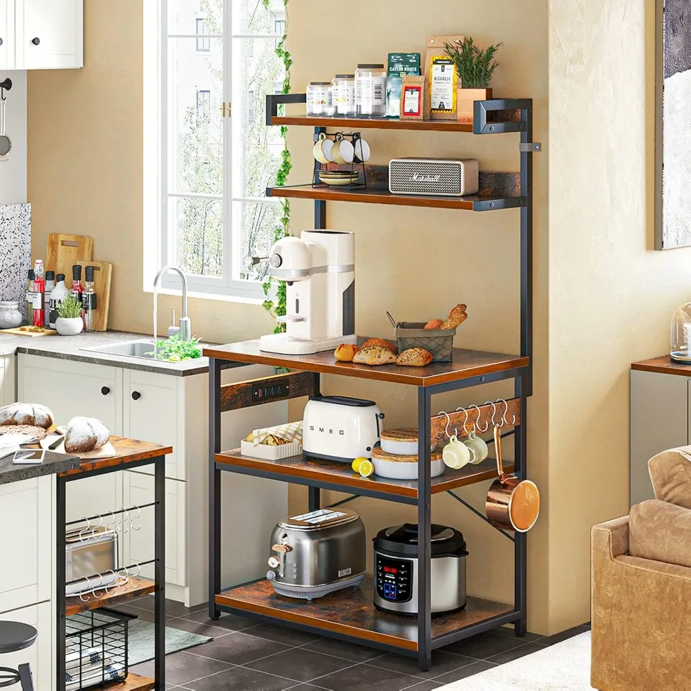 Bakers Rack with Power Outlet, Storage 5-Tiers, Microwave Stand Kitchen Rack 16.5 * 31.5 * 59 inches, Kitchen Island