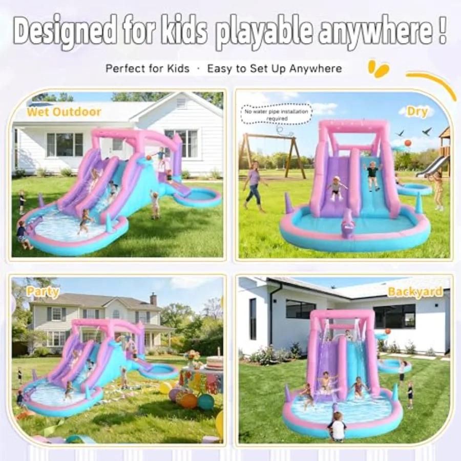 Backyard water park for kids ages 3-8: inflatable bounce house with 3 slides, splash pool, water cannon, ball pit, basketball h view 5