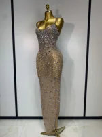 Luxury Rhinestones Sexy Mesh See Through Bodycon Dress Women Birthday Evening Cocktail party Gown Red Carpet Club Stage Outfit - Image 2