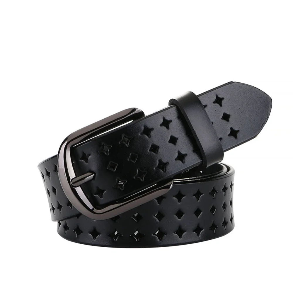 LA SPEZIA Black Women Belt Real Genuine Leather Many Holes High Quality Female Strap Hollow Out Cowskin Waist Belt for Jeans