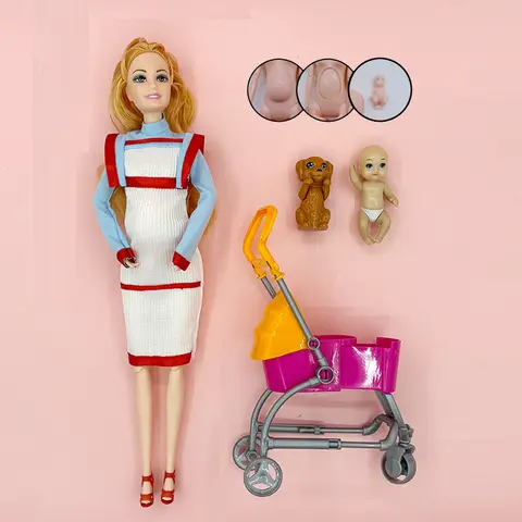 Fashion Doll Playset Pregnant Belly With Mini Doll Inside Elder Mini Doll Puppy and Cart for Playhouse Doll Set Gift