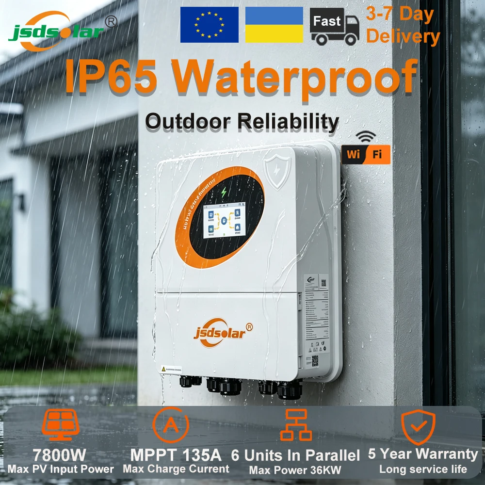 Jsdsolar 6KW IP65 Wasserdichter Hybrid-Solarwechselrichter 48V 230VAC Reiner Sinuswellen-Wechselrichter für On/Off-Grid 2 MPPT 135A Solarladegerät Dual-PV-Eingang Wechselrichter mit WiFi Parallel
