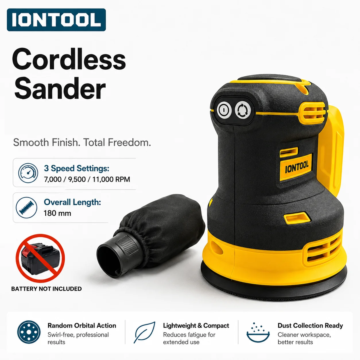 IONTOOL Yellow Cordless Sander Portable 180mm for Home Garage DIY Wood Furniture Sanding and Metal Polishing Bare Unit