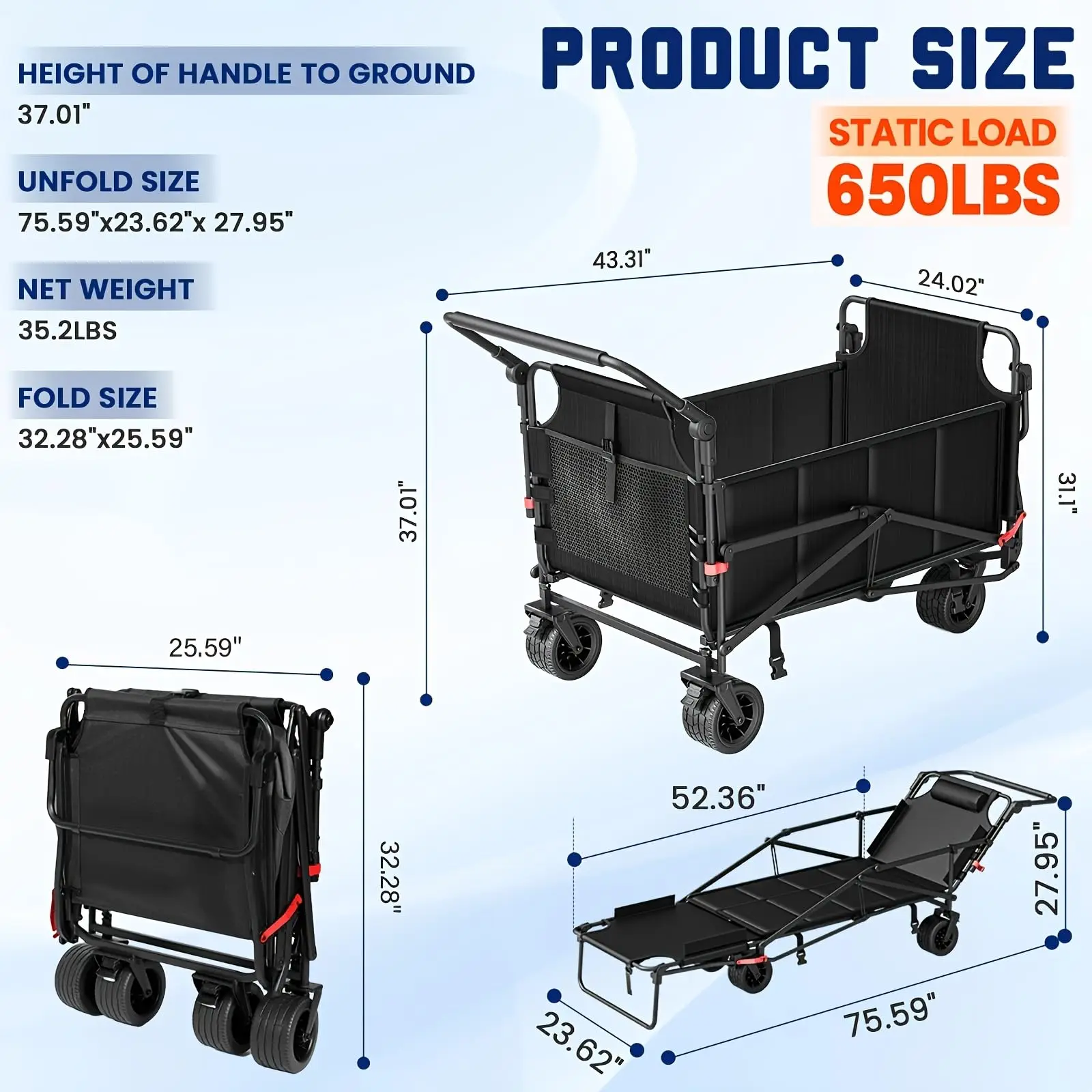 Heavy Duty Folding Wagon - 2-in-1 Collapsible Cart, All-Terrain Wheels w/Brakes & Side Pockets (Army Green,650lb