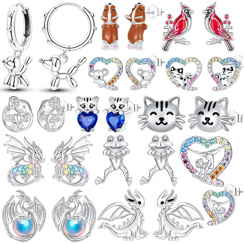Pendientes de Plata de Ley 925 con Forma de Animales: Perro Globo, Aros Huggie, Pájaro Cardenal Rojo, Koala, Dragón y Rana. Joyería de Regalo para Mujer.