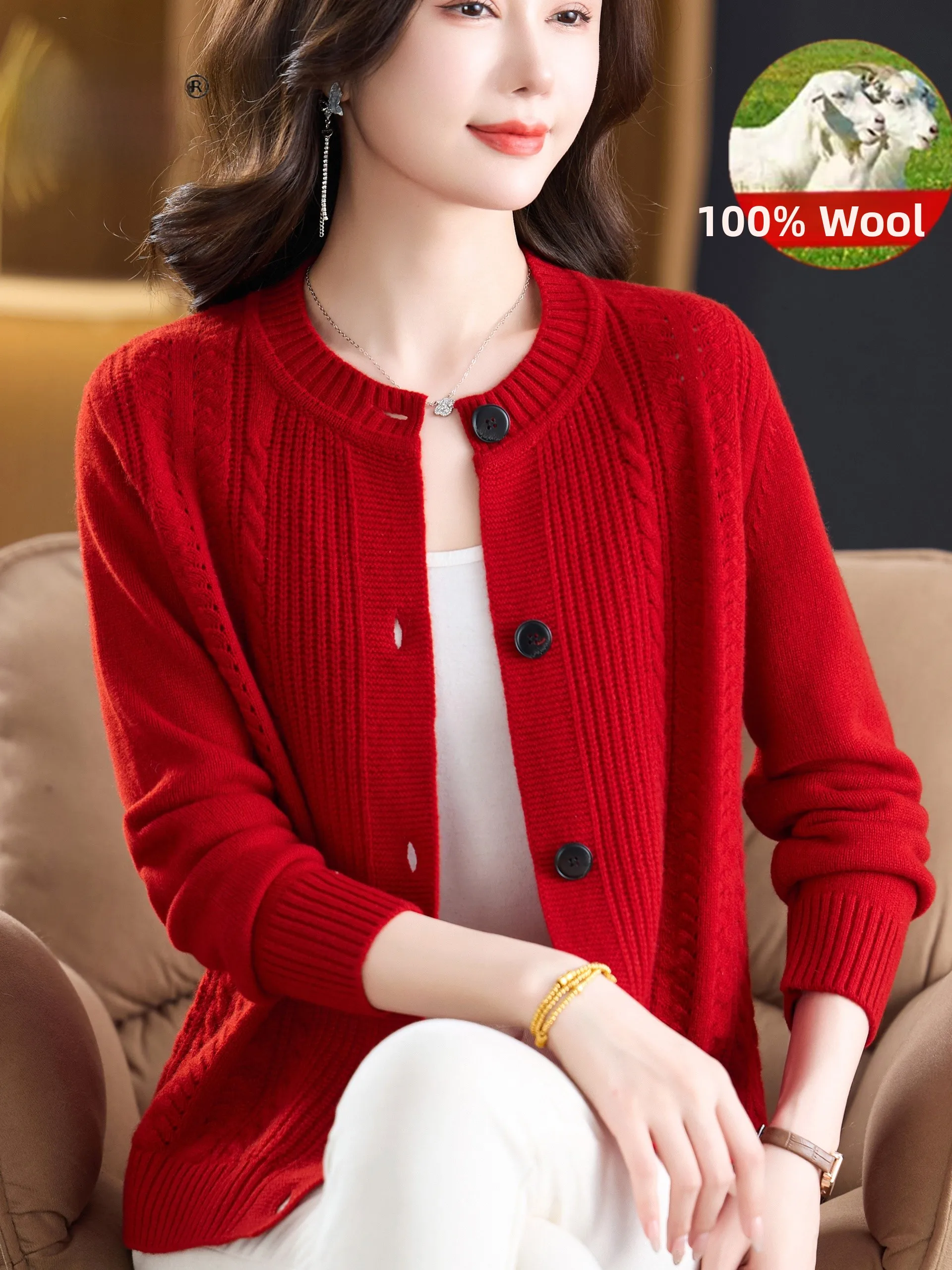 

Кардиган женский вязаный из 100% чистой шерсти, красный, с круглым вырезом, для женщин среднего возраста, верхняя одежда, топ на год Китайского зодиака
