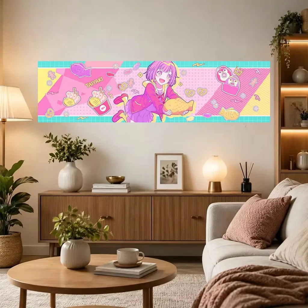 Extra Long Horizontal Anime Girl Taiyaki Snack Tapestry, Wide Polyester Wall Hanging for Bedroom Headboard Wall Decor