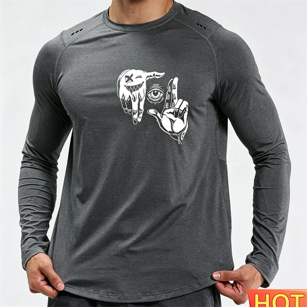 Autumn Men's Fitness Long sleeved T-shirt Anime Gesture Pattern T-shirt Cotton Elastic Loose fitness T-shirt Gym men's clothing view 3