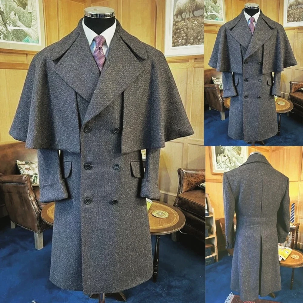 British Woolen Warm Long Coat For Men Notched Lapel Double Breasted Overcoat Slim Fit Business Blazer Only Jacket Custom Made