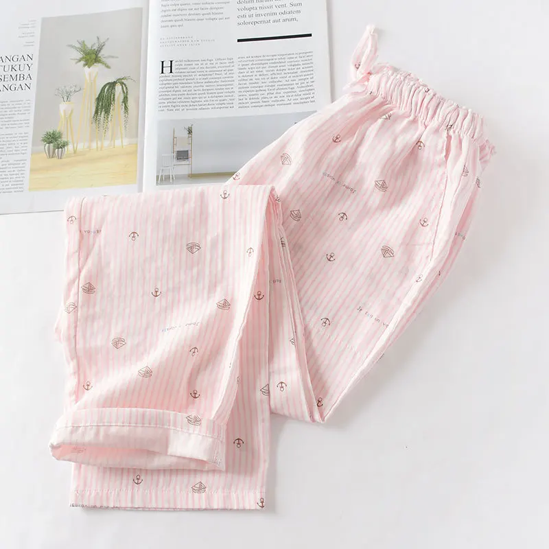 NHKDSASA Couples Home Pants Women Cotton Double Gauze Thin Sleep Pants Sleep Bottoms Casual Printing Pyjamas Spring and Summer