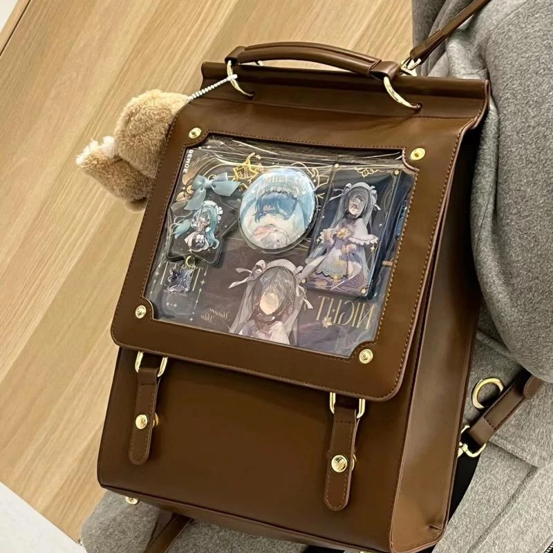 Japanese Preppy Style JK Uniform PU Backpack Harajuku Vintage Transparent Large Capacity Shoulder Tote Bag Woman Girls Handbag