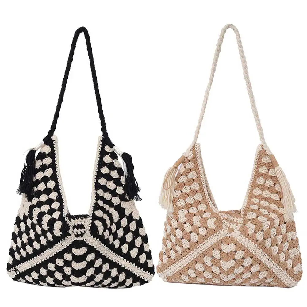 

Women Weaving Shoulder Bag Large Capacity Crochet Tote Handbag Contrast Color Aesthetic Shoulder Bag Female Outdoor Bag