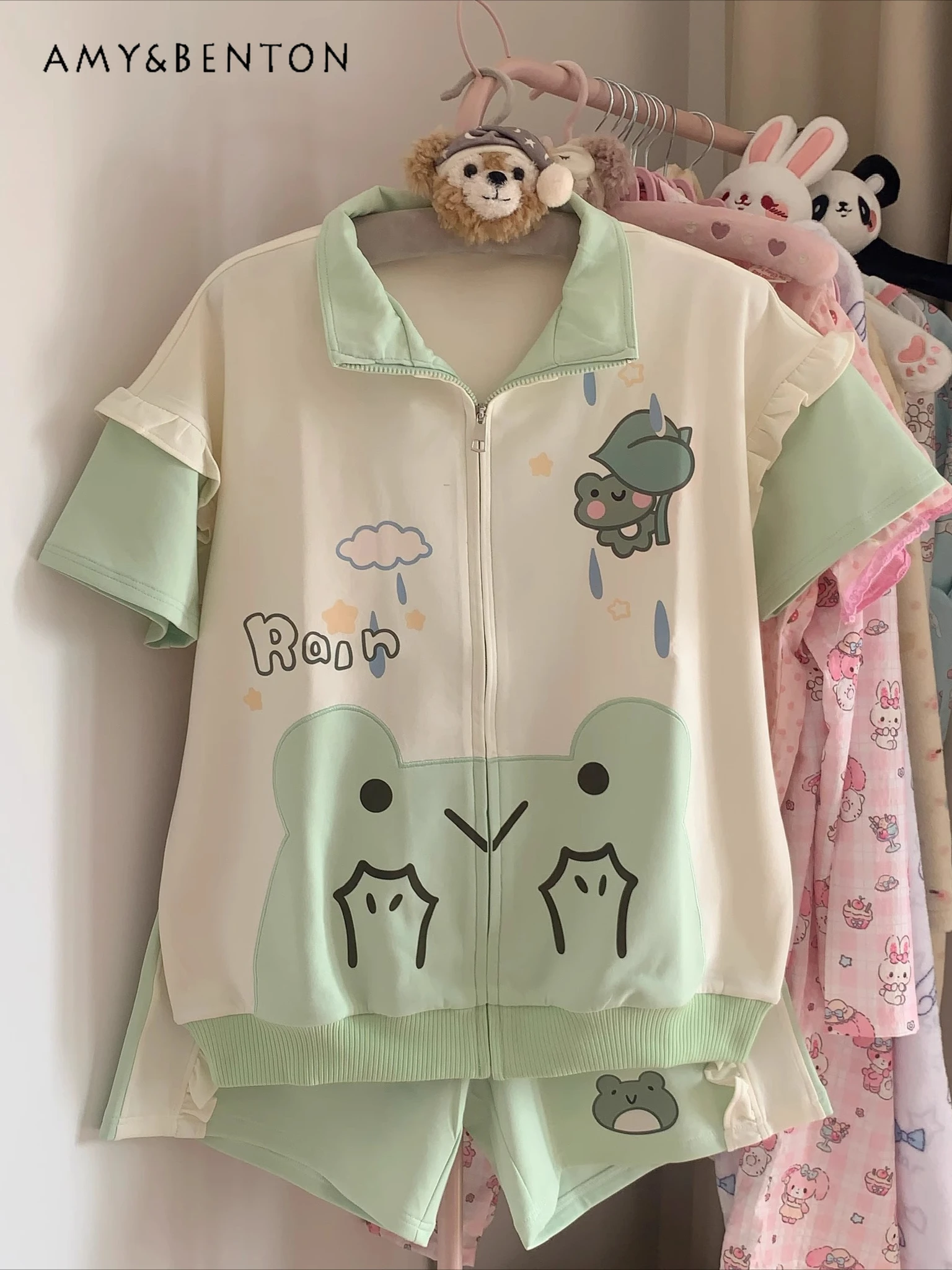 

Cute Cartoon Print Splicing Color Zipper Short-sleeved Jacket Shorts Casual Suit Japanese Preppy Style Sweet Sports Sets Women