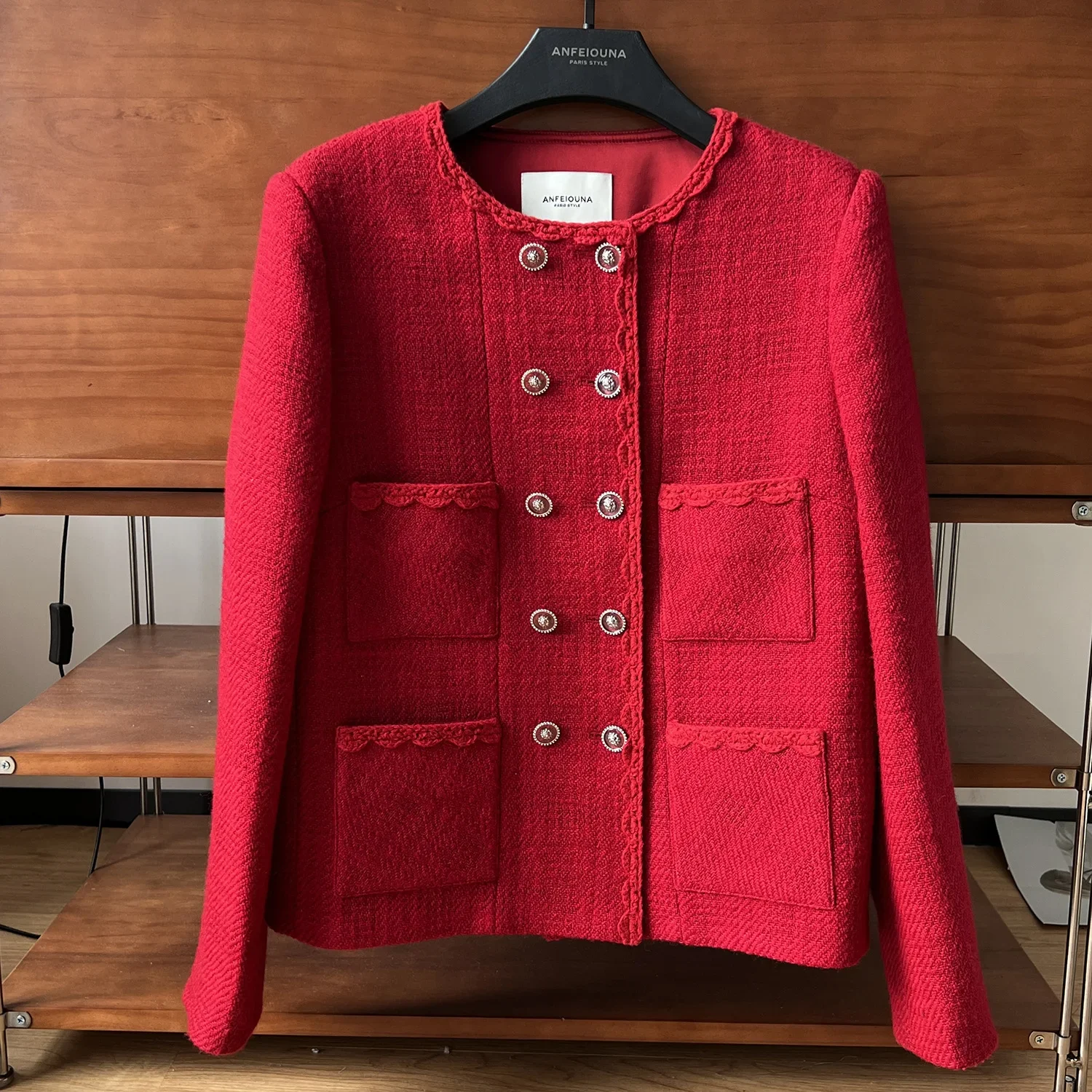 Luxury Red Wool Tweed Jacket for Women, Fragrant Coat, Double-Breasted, Romantic, Small, Wavy, Outwear, Autumn, Winter, 2024