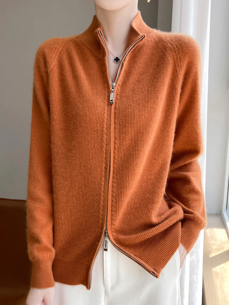 New Chic Women 100% Pure Merino Wool Soft Sweater Cardigan Autumn Winter Zipper Knitwear Long Sleeve Wool Sweater Female Tops