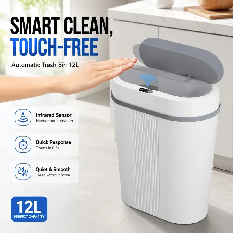 

Smart Motion Sensor Waste Bin Touchless Auto Flip Lid Design Slim Space-saving Storage Bin Ideal for Living Room Bathroom