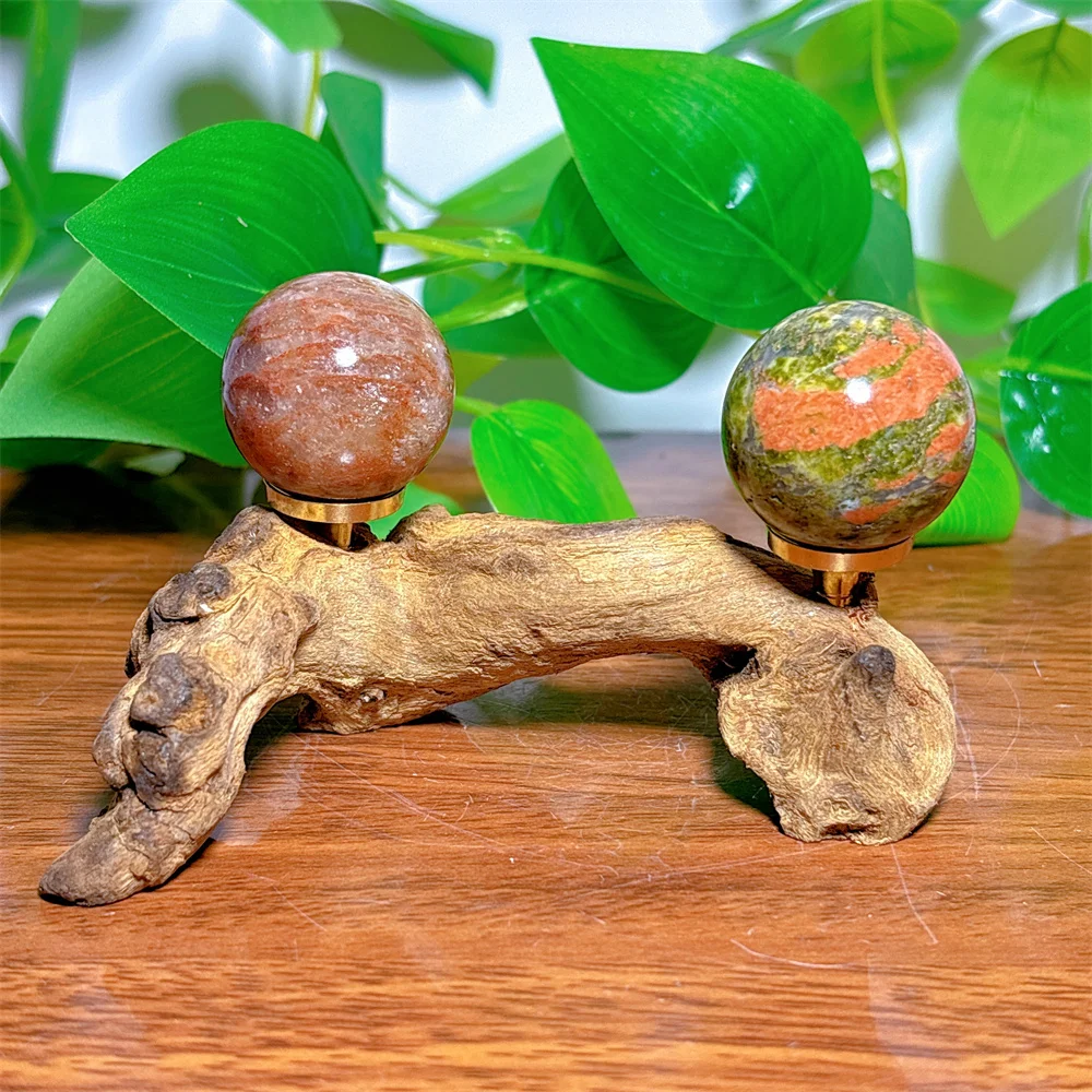 Unakite Sphere +Garden Quartz Sphere +Ancient Wood Stand Crystal Natural Quartz Stone Home Decoration Craft Energy Spiritual