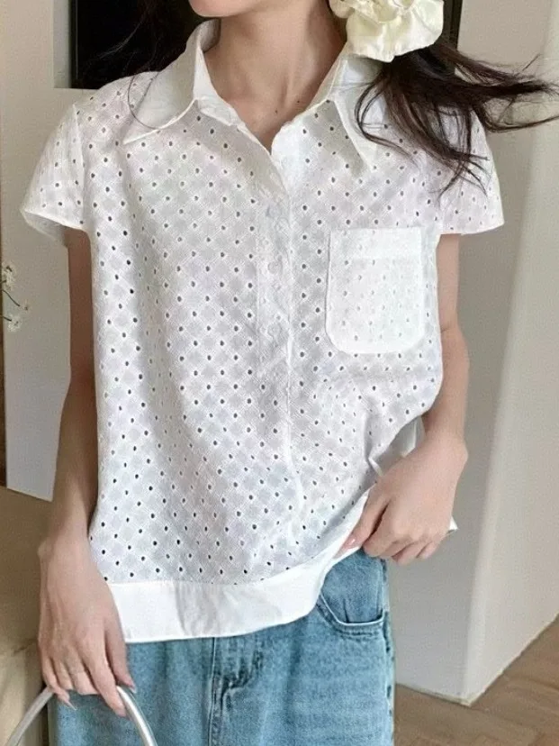 Csa de manga corta a la moda de verano para mujer, cuello  calado, Top pequeño y bonito de estilo coreano juvenil dulce