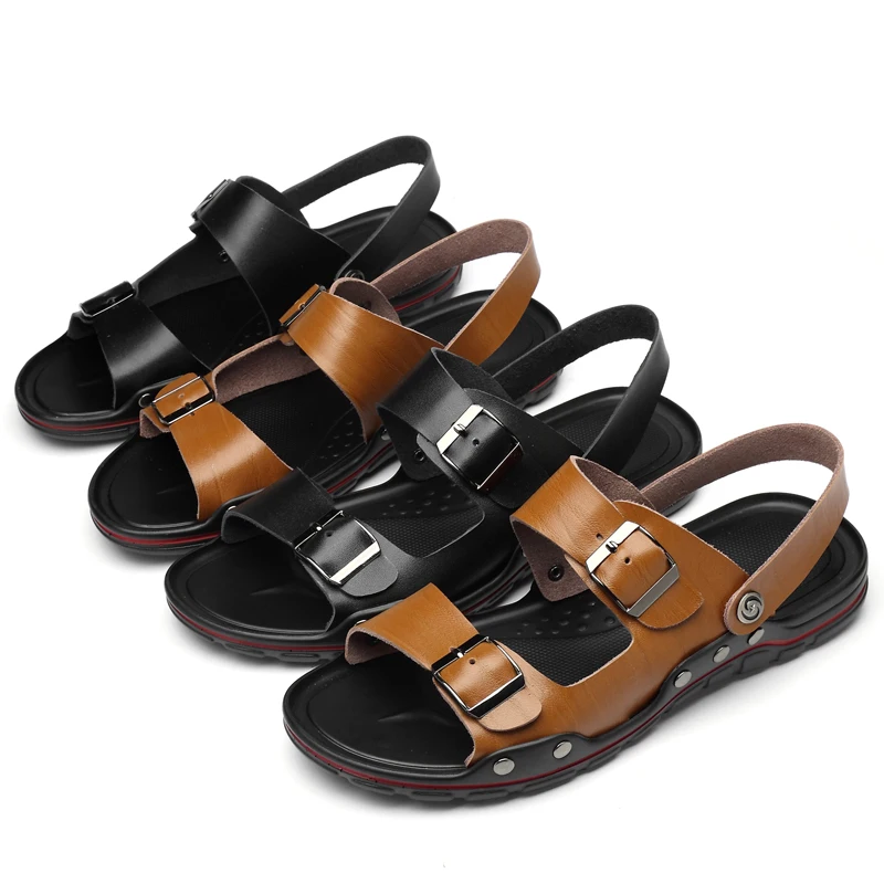 Internet Promi Mode Männer Sandalen Schwarzlicht Zwei schicht Leder Outdoor bequeme Strands chuhe Business Casual Männer Sandalen