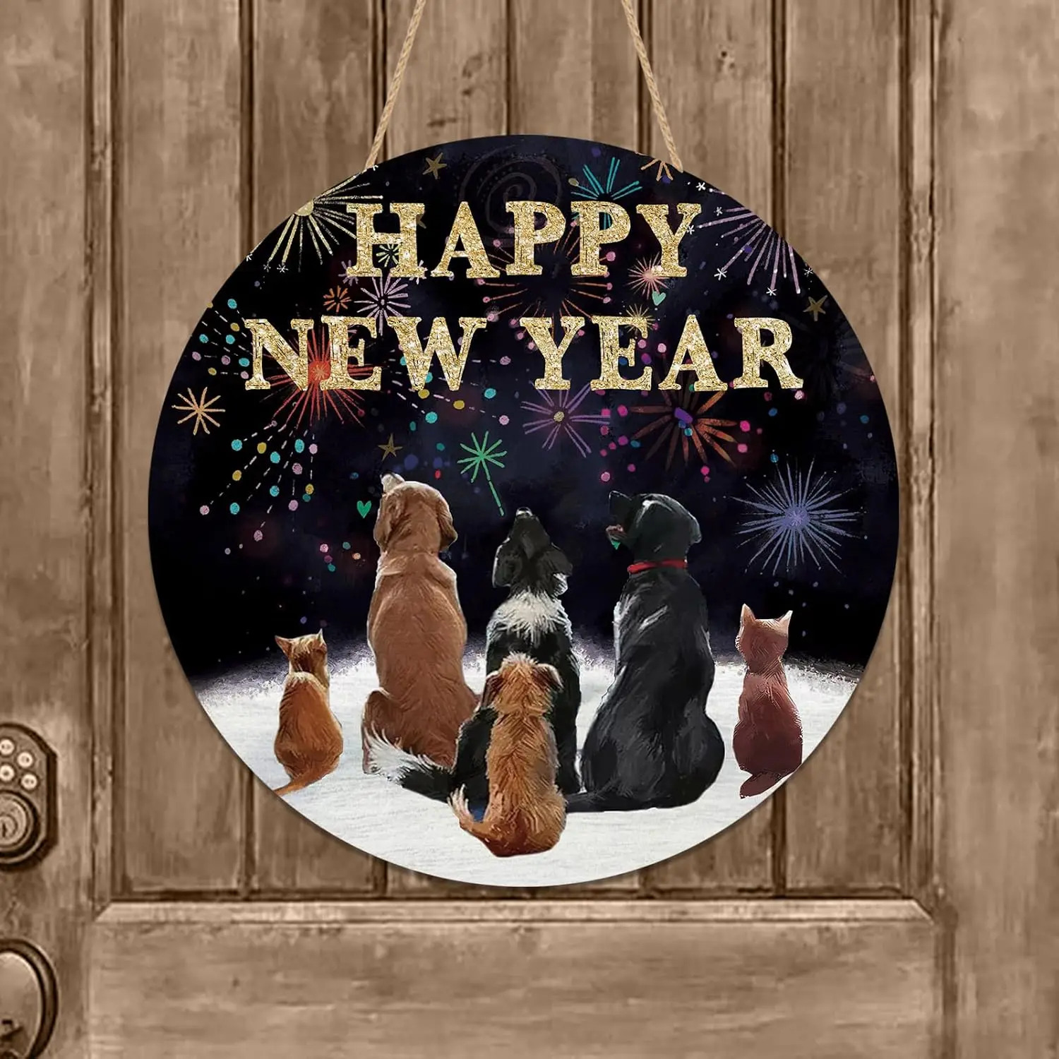 Happy New Year Dog Cat Door Sign Wood Door Hanger Outdoor Outside Porch Decor Winter Christmas Farmhouse Wooden Indoor