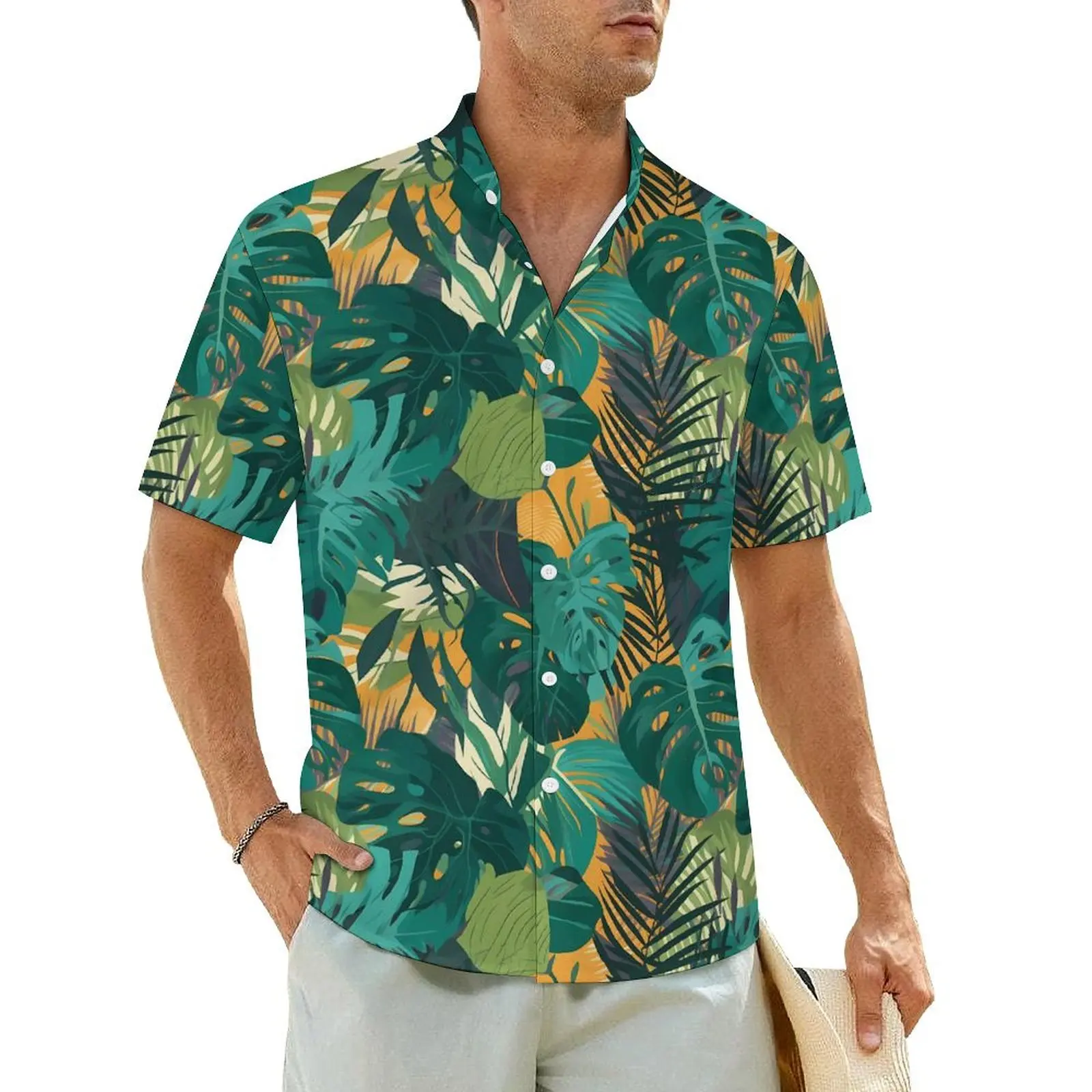 

Abstract Tropical Leaf Beach Shirt Palm Print Hawaiian Casual Shirts Men Vintage Blouses Short Sleeve Comfortable Custom Clothes