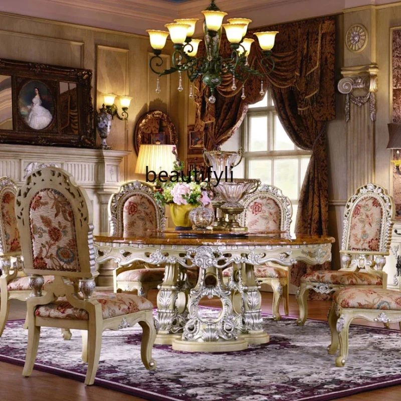 ss8350 European solid wood marble dining table American silver tracing old with turntable luxury furniture