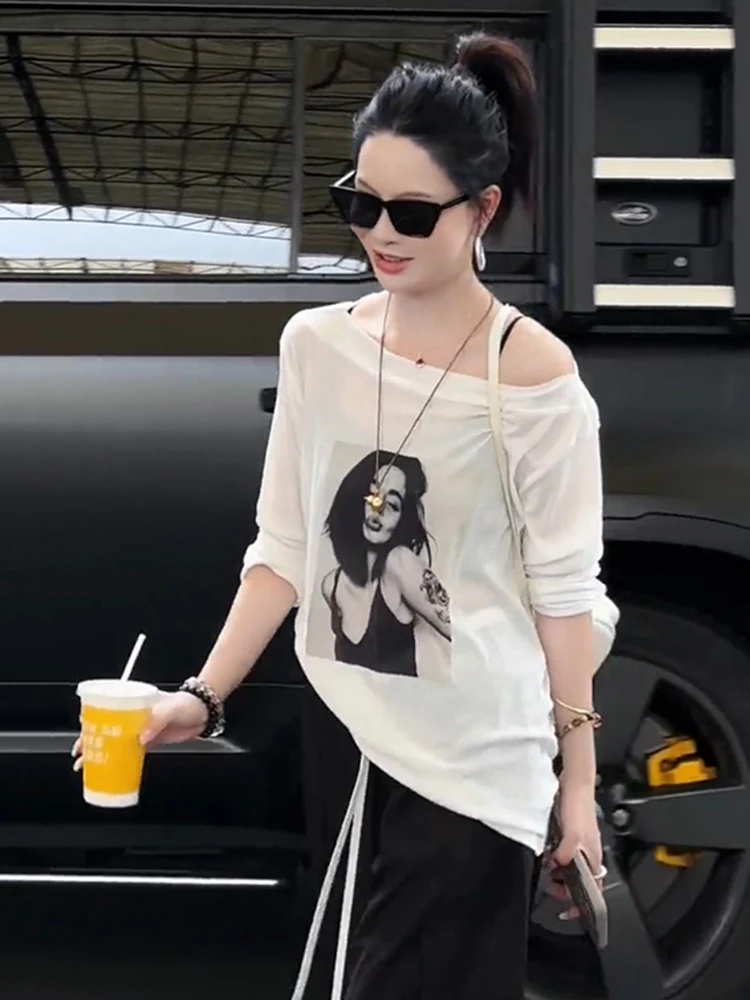 Camiseta Solta de Manga Longa com Estampa para Mulheres, Nova Camiseta Casual Ultra Solta de Verão com Proteção Solar e Design Fashion