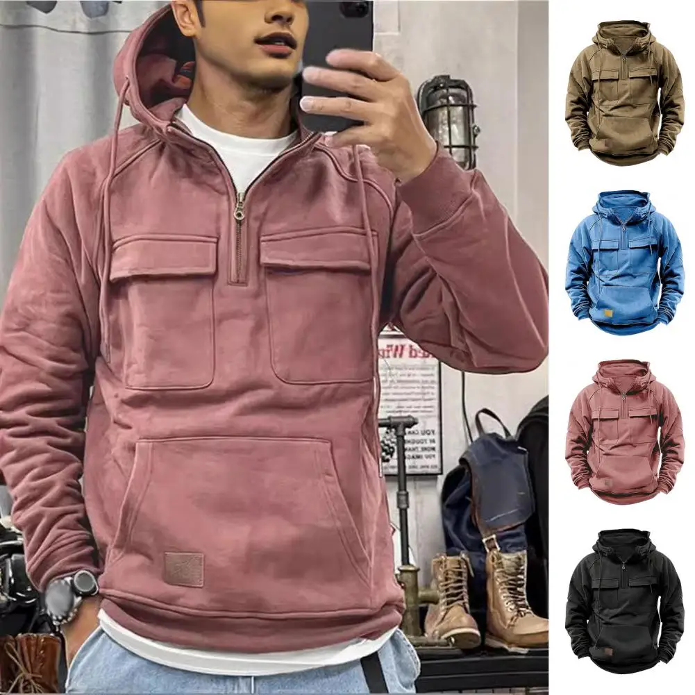 Men Relaxed Fit Hooded Top Men's Sporty Half Zip Hoodie with Big Patch Pocket Drawstring Solid Color Long Sleeve for Fall