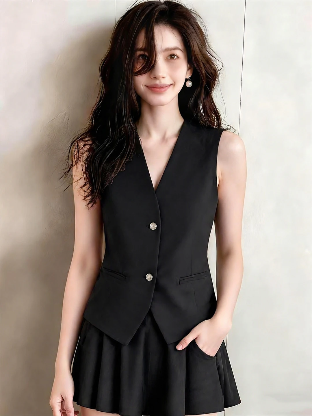 

Elegant V-Neck Sleeveless Vest Women's Fashionable Summer Age-Defying Versatile Single-Button Closure Straight Cut Color