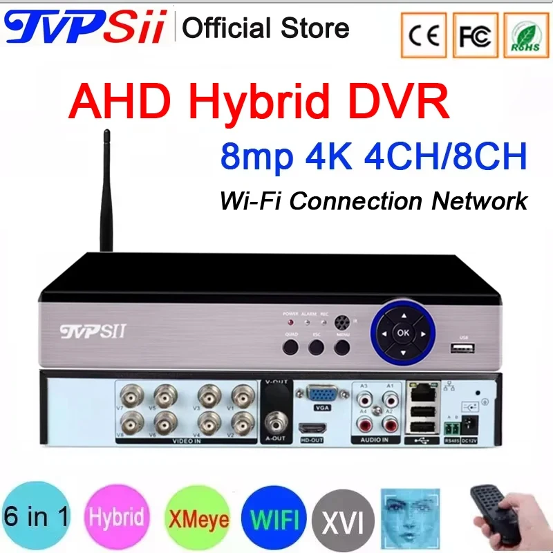 

H.265+ XMeye Audio Face Detection 8MP 4K 4CH 8CH 8 Channel 6 in 1 Hybrid Wifi Onvif NVR TVI CVI AHD CCTV DVR System