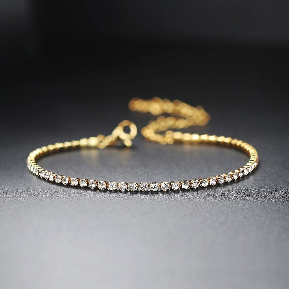 2mm Dainty Iced Out Tennis Chain Bracelets Female Gold Color Stainless Steel Cubic Zirconia Hand Chain for Women Jewelry Gift