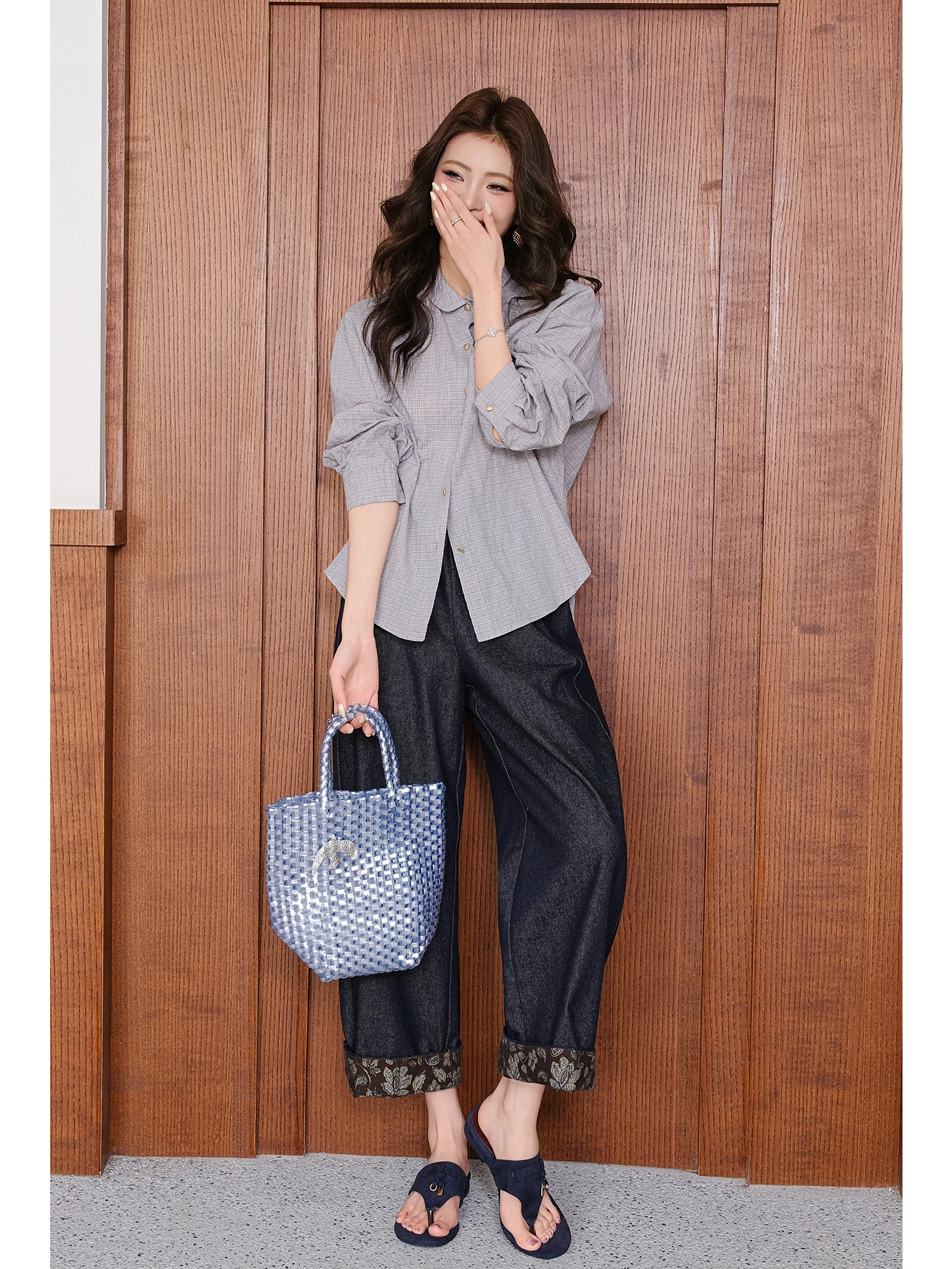 

Casual Vintage Printed Harlan Nine Points Loose Jeans High Waist Zipper Micro Stretch Commute Style Ladies Fashion Spring Season