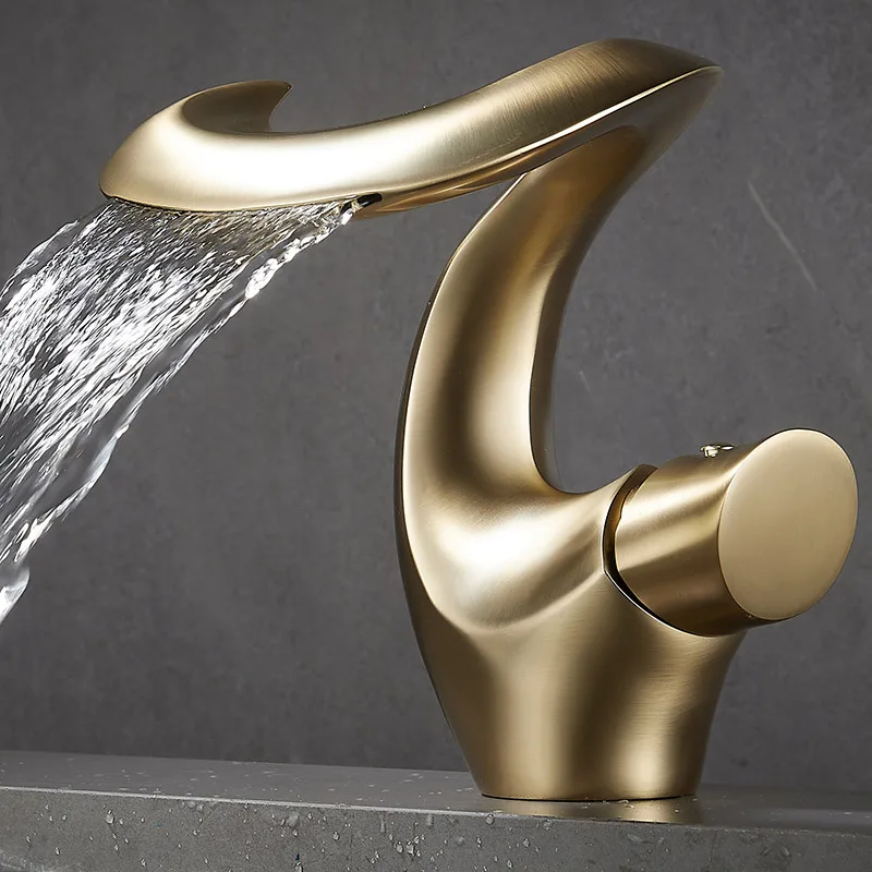 

Luxury Modern Single Handle Brass Waterfall Faucet Bathroom Sink Creative Hot and Cold Basin Faucet with Ceramic Spool