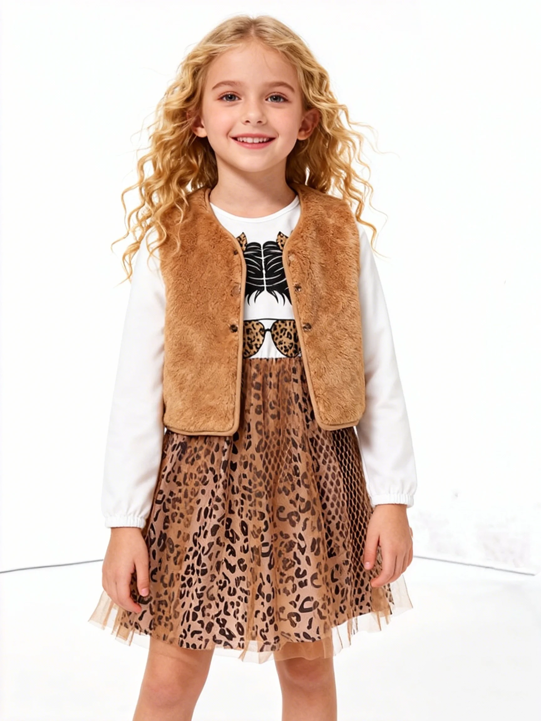 Zweiteiliges Set aus einfarbigem Westenoberteil für Mädchen im Frühling und Herbst, langärmeliges bedrucktes Mesh-Patchwork-Kleid, lässiges Set