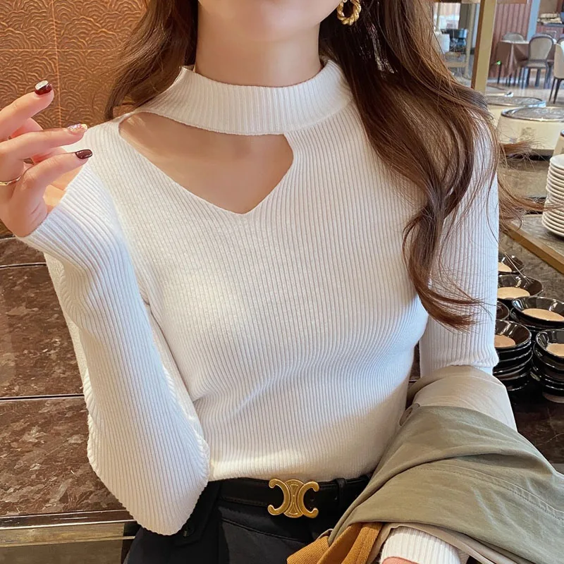 

White Mock Neck Knitted Sweater Women Pullovers New Long Sleeve Hollow Out Knit Sweater Pullover Women Tops Women Clothing Q3281
