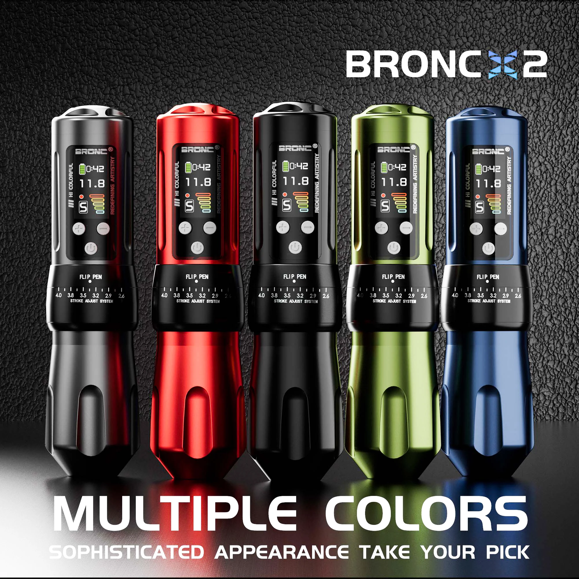 BRONC X2 Wireless Tattoo Machine 2.6-4.0MM Adjustable Stroke 4 Preset Voltages Swiss DC Motor 2000mAh Color Screen Battery Pen