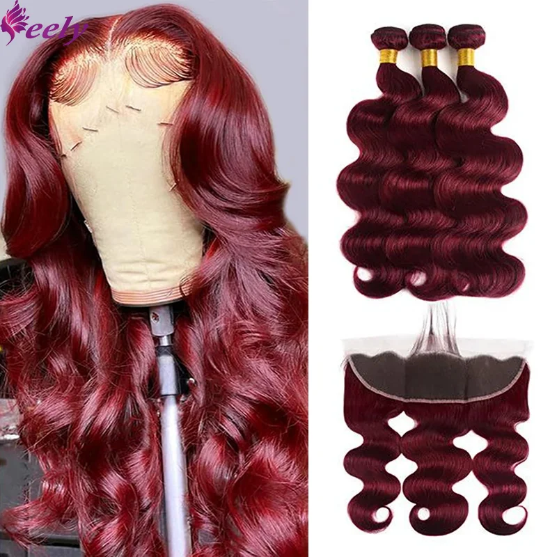 Burgundy Human Hair Bundles With 13×4 Lace Frontal Brazilian Body Wave #99J Bundles With Closure Pre Plucked Baby Hair For Women