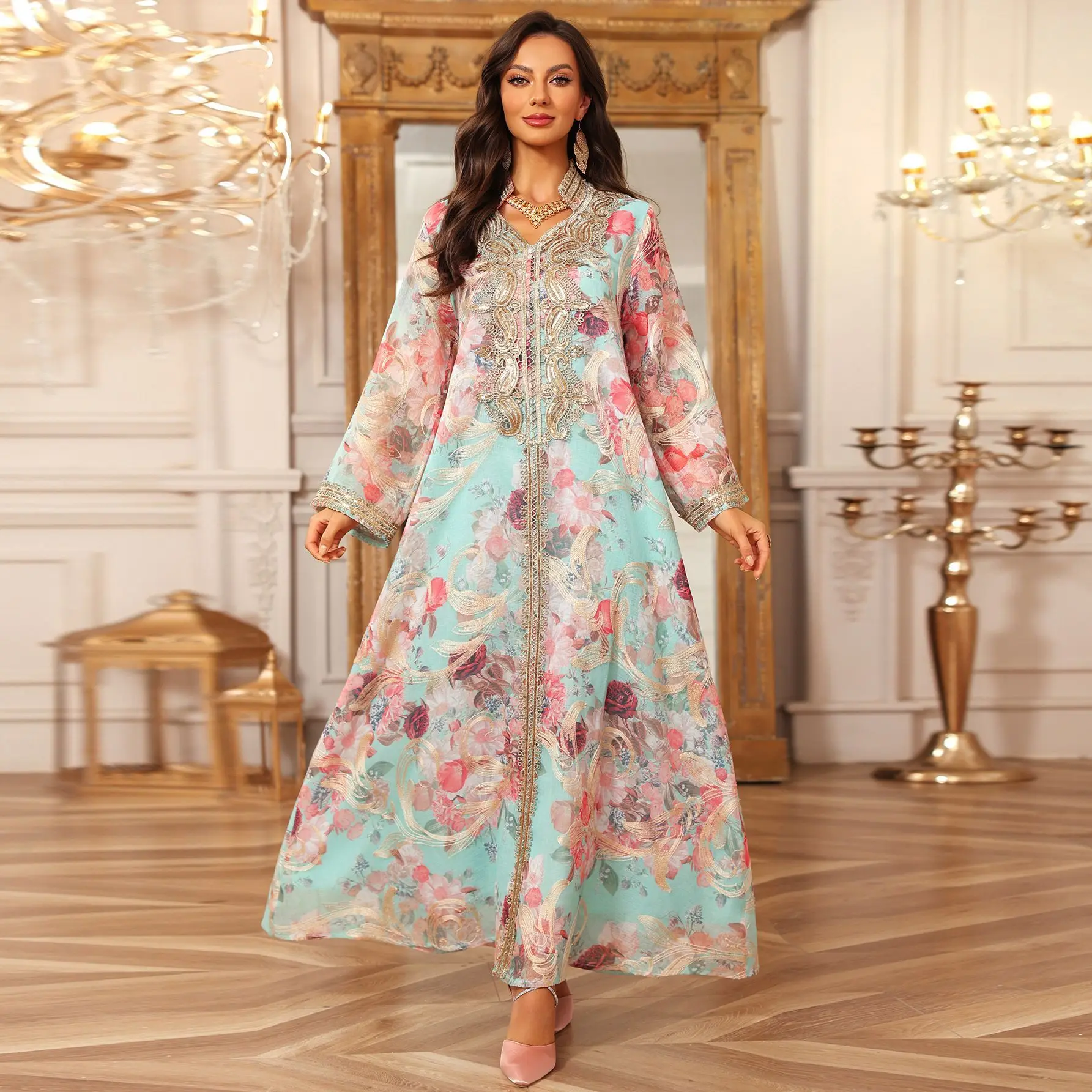 

HandEmbroidered Dress AllOverPrinted V Neck Dress HandPullover Oversized Maxi Dress MiddleEastern DubaiStyle Kaftan Gown