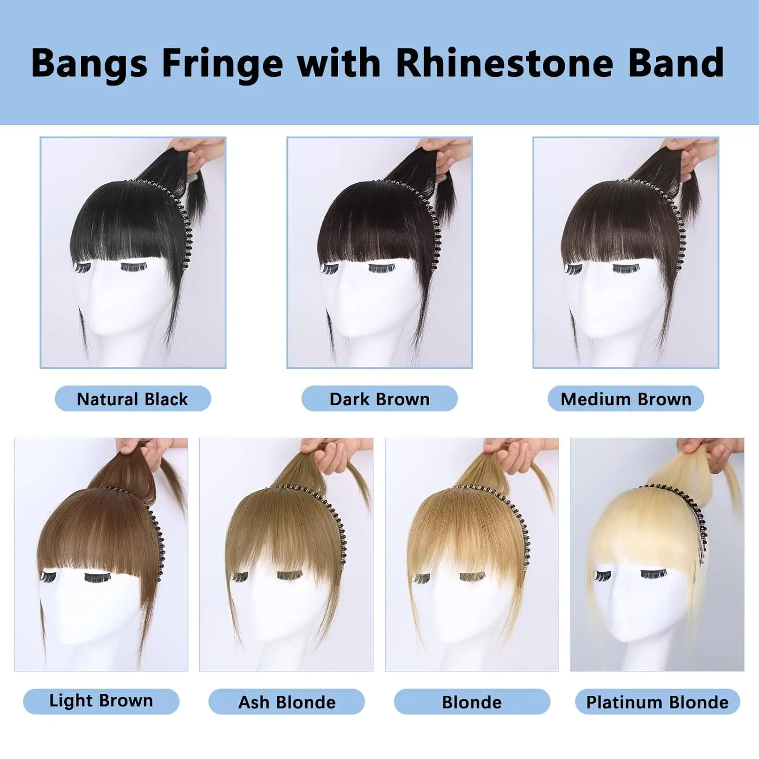 أغطية شعر بشري مع شريط من حجر الراين للنساء، مشبك في غرة مع شريط شعر مستقيم لتخفيف الشعر