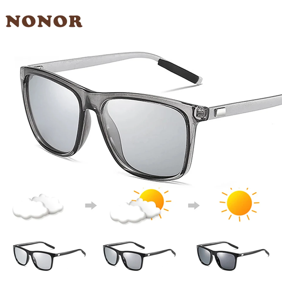 NONOR Color Change Grey Frame Photochromic Polarized Sunglasses Men Square Classic Chameleon Glaases Transition Lens Eyewear