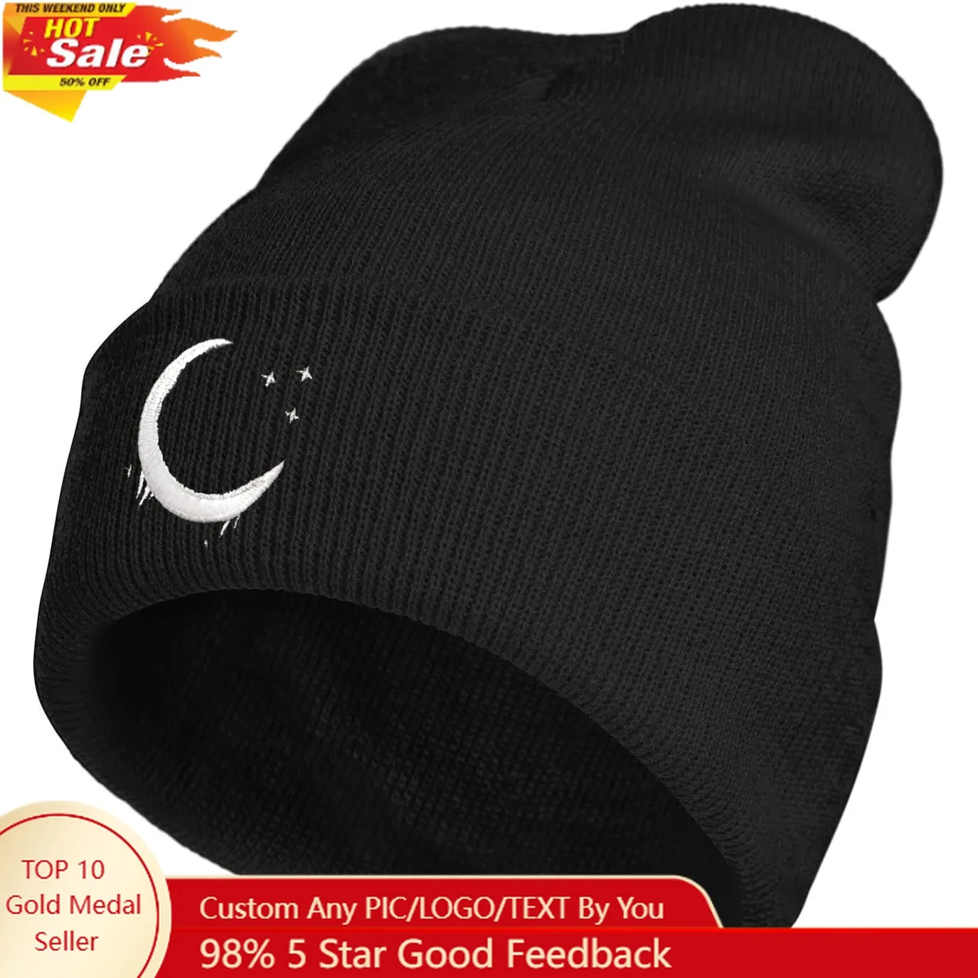 Goth Crescent Moon Embroidery Beanie Hat for Men Women Winter Warm Stretch Skull Knit Hats Cap Black