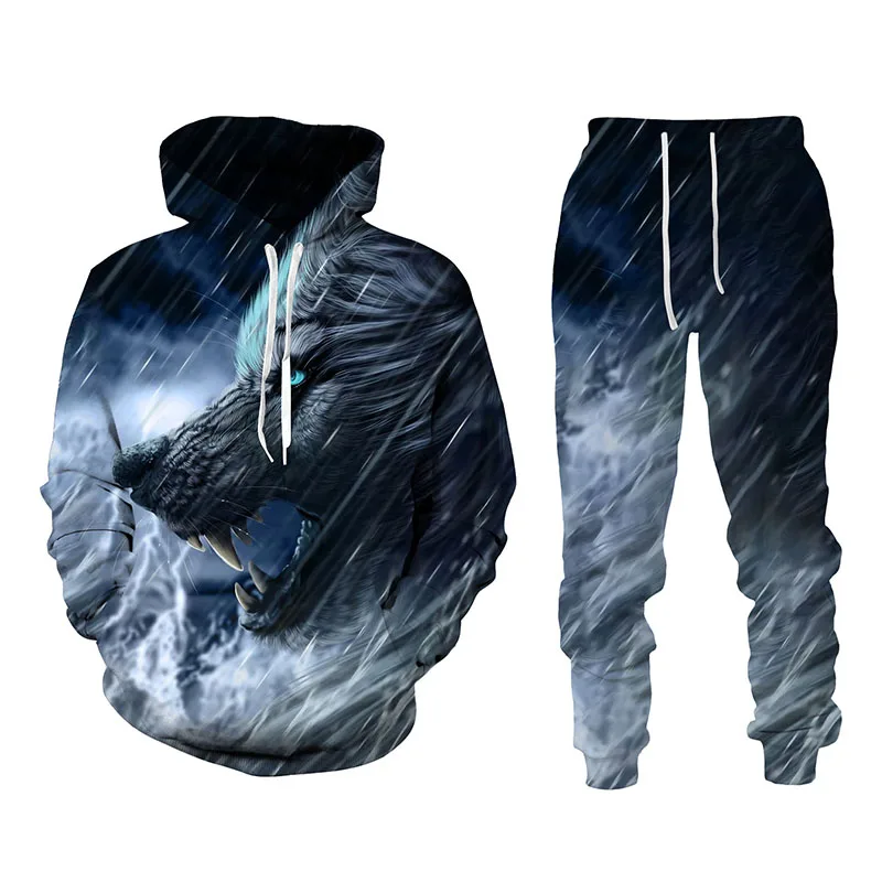 Autumn Winter 3D Animal Ferocious Wolf Printed Men's Hooded Sweater Set Male Sportswear Tracksuit Long Sleeve Men Clothing Suit