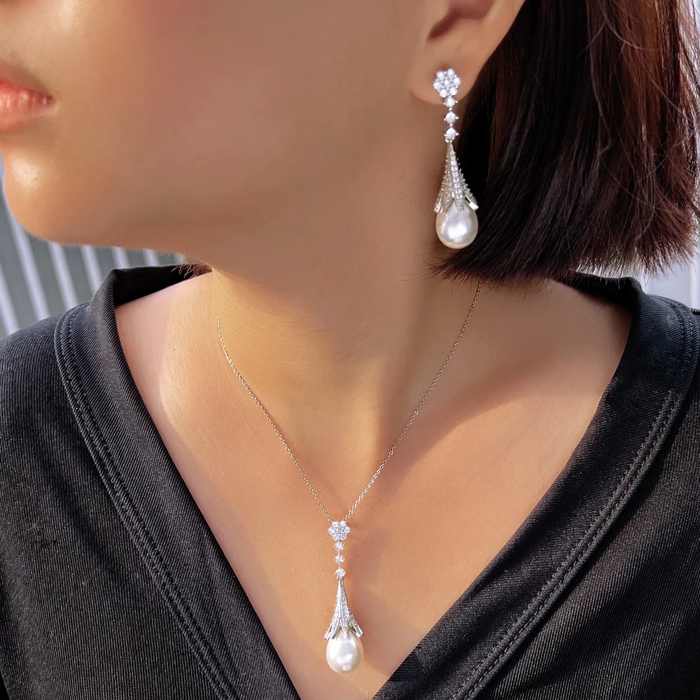 CWWZircons Chic White Cubic Zircon Long Dangle Drop Leaf Pearl Pendant Necklcae and Earrings Women Daily Party Jewelry Set T754